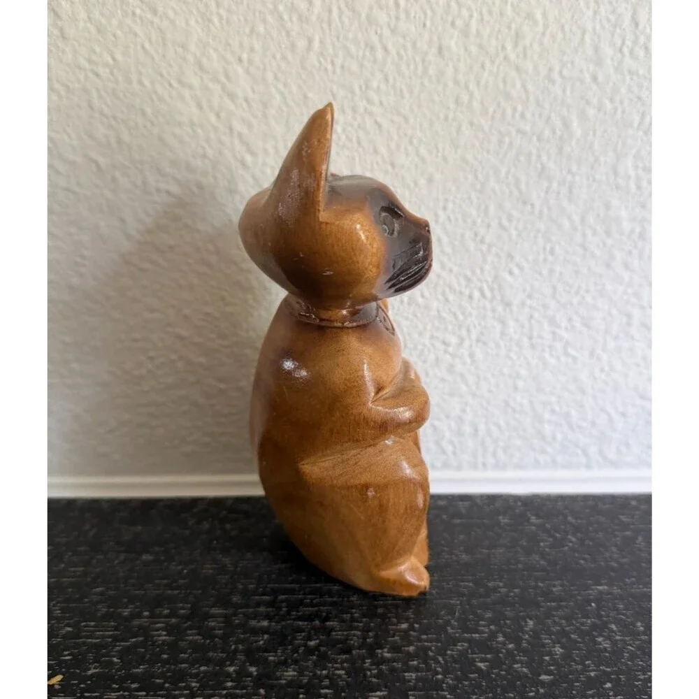 Vintage Wood Lucky Cat Figurine Hand Carved Maneki Neko Style 6” Philippines